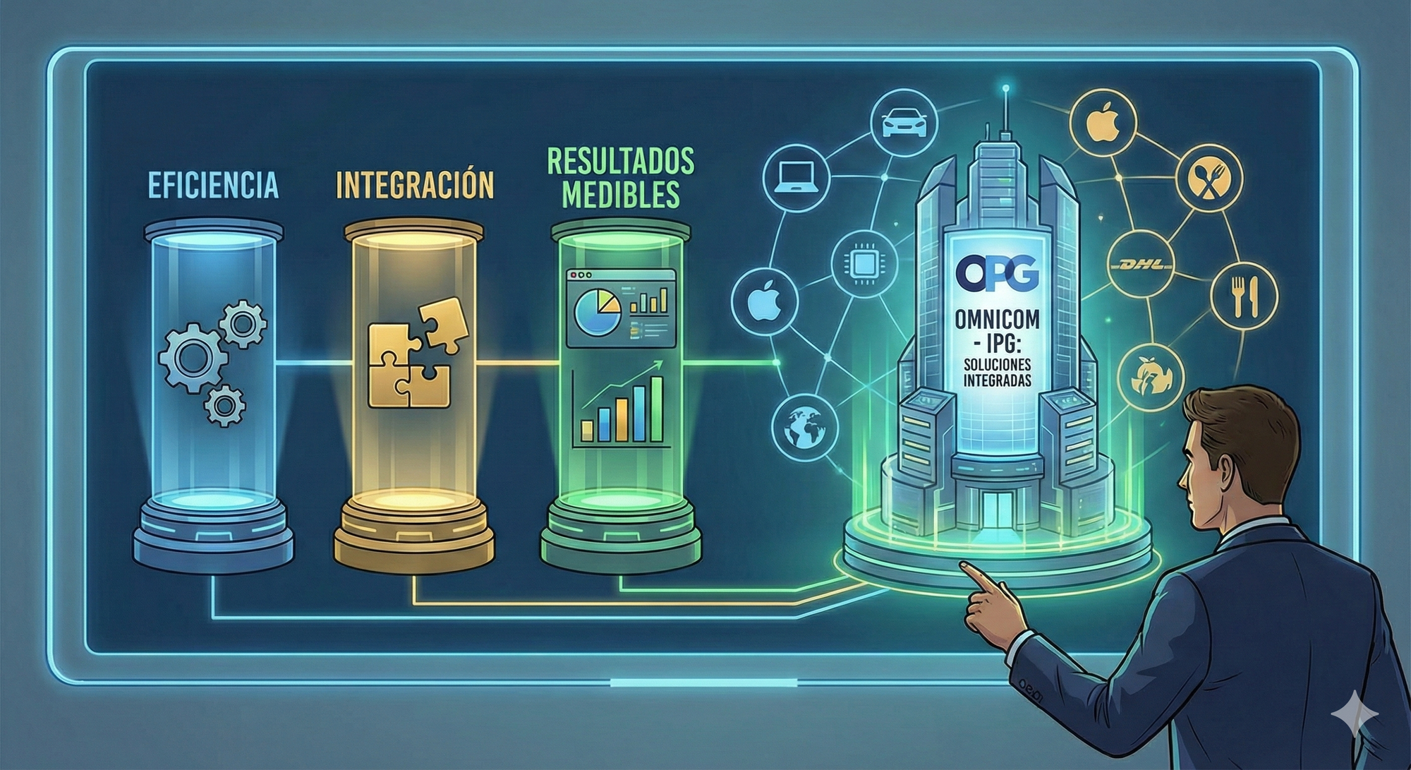 Con la compra de IPG, Omnicom reorganiza el poder en el ecosistema publicitario global. Imagen: IA.
