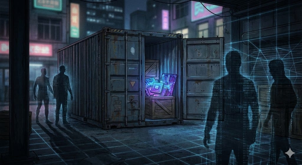 Ilustración de contenedores ocultando chips de IA avanzados, simbolizando el contrabando tecnológico. Imagen: IA.
