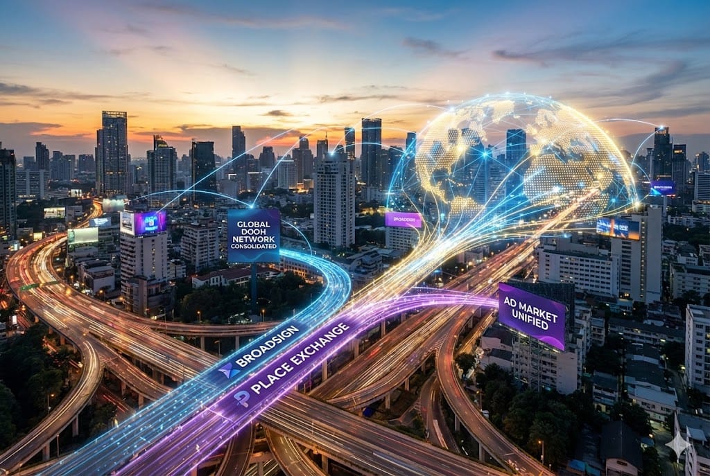 Broadsign compra Place Exchange consolidación DOOH programático global. Imagen: IA.
