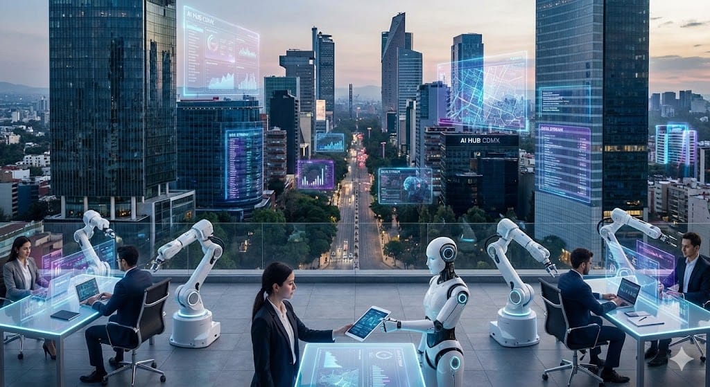 Representación visual del reemplazo de tareas humanas por inteligencia artificial en América Latina. Imagen: IA.